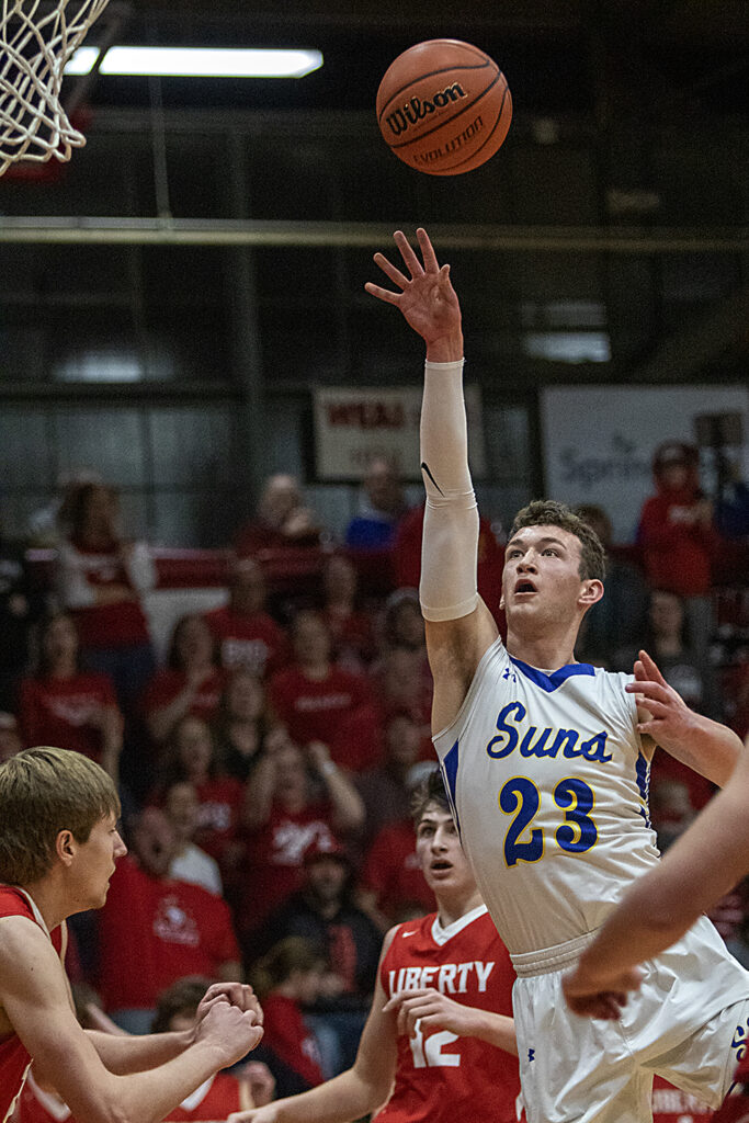Southeastern junior Danny Stephens shoots a running jumpshot in the lane during the Suns' 49-42 loss to Liberty in the Class 1A Supersectional at the Jacksonville Bowl on Monday, March 7, 2022.