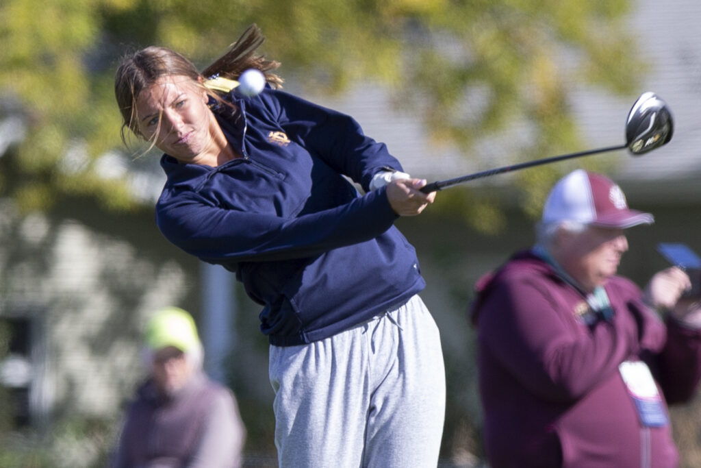 October 7, 2022- Decatur, IL - Quincy Notre Dame’s Blair Eftink competes during the Class A IHSA Girls Golf State Finals. [Photo: Douglas Cottle]