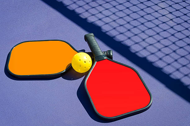 Imae of 2 Pickleball paddles and a pickleball laying on pickleball court with net shadow.