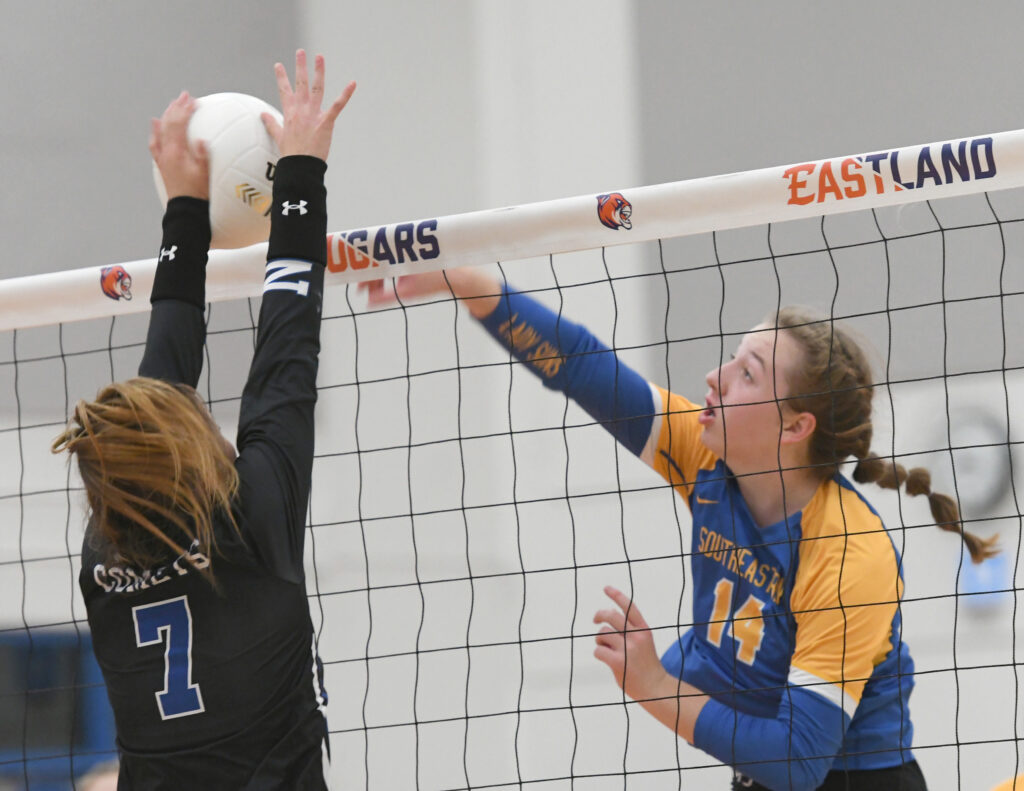 Southeastern's Kenzie Griswold spikes at the Eastland Super Sectional on Friday, Nov. 4 in Lanark.