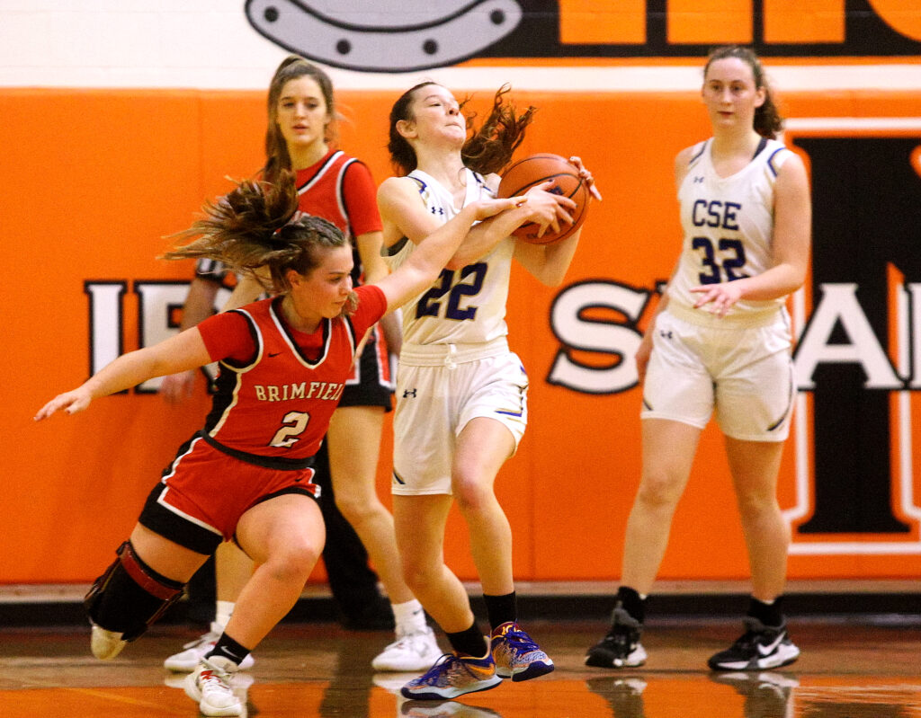 December 29, 2022 - Normal, Illinois - Camp Point's Brilyn Lantz rips the ball away from Brimfield's Kylee Vaugh during their State Farm Holiday Classic semifinal game. The Lady Panthers led at the half 16-5 and advanced to the title game on Friday after a 34-20 win.  (Photo: PhotoNews Media/Clark Brooks)
