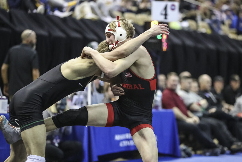 Hannibal’s Cody Culp wrestles in his 138 pound class 3 MSHSAA state championship match, Saturday in Columbia.  Mathew Kirby