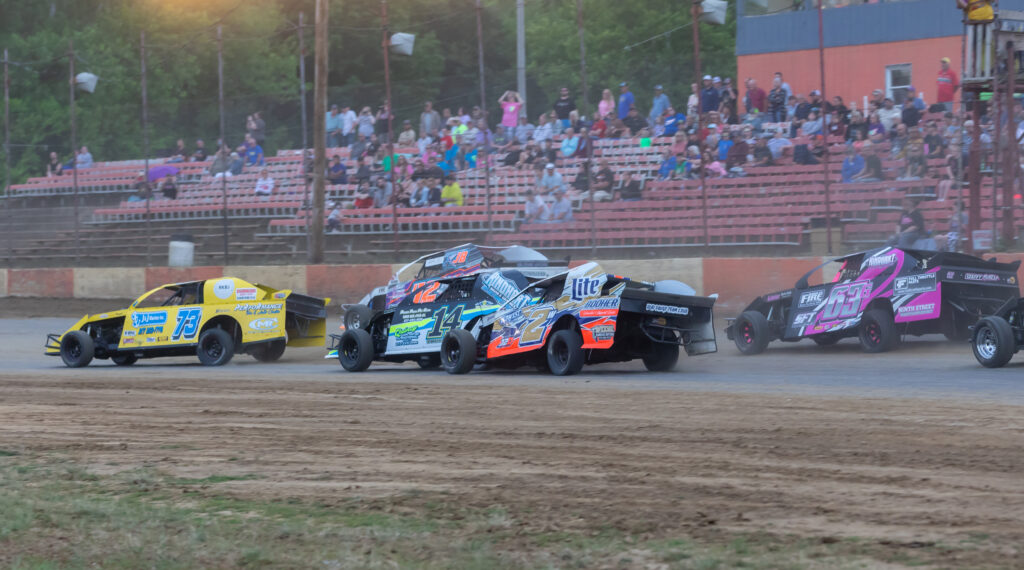 Tanner Klingele leads the sport mod feature during racing Sunday night at Adams County Speedway. | Photo courtesy Gregg Teel