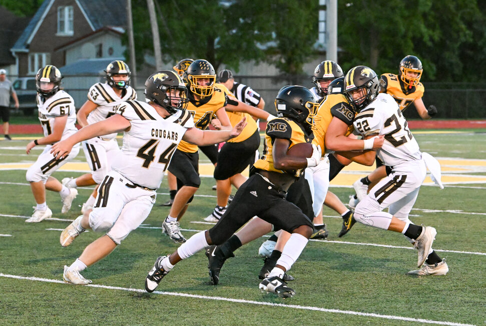 Monroe City's Quincy Mayfield looks for running room during Friday night's Clarence Cannon Conference game against Highland at Lankford Field in Monroe City, Mo. | Photo courtesy Paul R. Evans