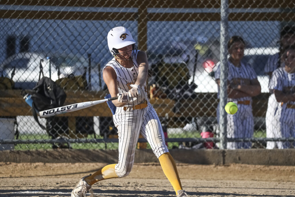 Monroe City’s Audi Youngblood (9) bats during the Panthers game against the Hannibal Pirates, Saturday in the Monroe City Tournament.  Mathew Kirby (Herald WhigC courier Post)