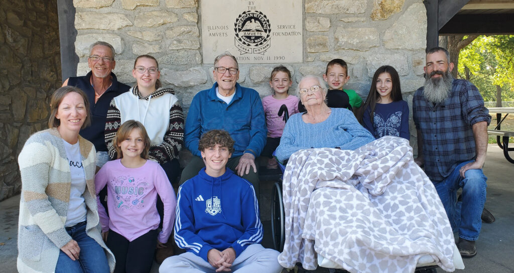 Charles and Darlene Crim are pictured Sunday with their son, Don, two of their three grandchildren, Nathan Crim and Jessica Dedert, and six of their eight great-grandchildren. (Photo courtesy of Don Crim)
