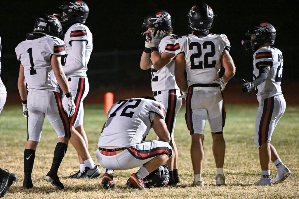 Hannibal players react after being eliminated from the playoffs in a hard fought 70-61 loss during the class 4 State Quarterfinal game between the Hannibal Pirates and the Lutheran North Crusaders on Friday November 17, 2023 at Lutheran North High School in St. Louis County, MO  (Rick Ulreich, special to Muddyrivernews.com)