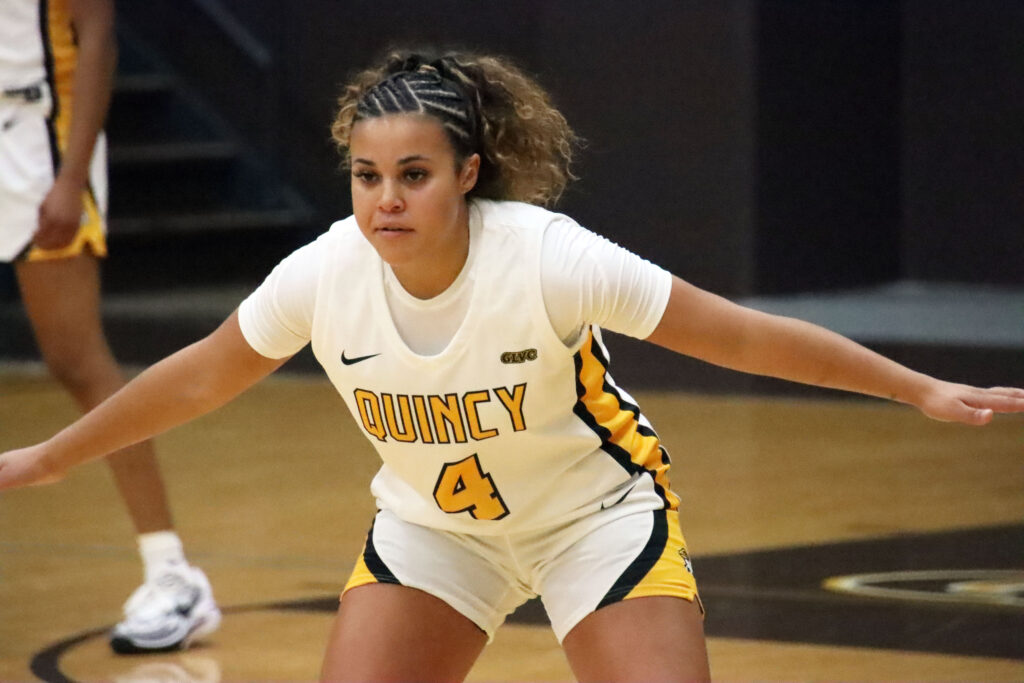 Quincy University guard Mikayla Huffine scored 10 points in Thursday night's Great Lakes Valley Conference victory over Missouri S&amp;T in Rolla, Mo. | Muddy River Sports file photo