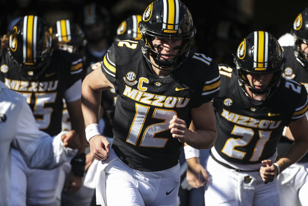 Missouri Tigers quarterback Brady Cook (12) during pregame before the game between the Missouri Tigers game against the LSU Tigers in Columbia, MO on October 7, 2023.  Mathew Kirby