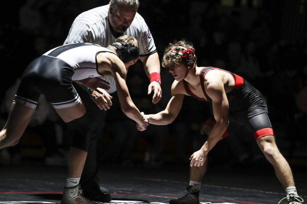 Hannibal’s Tristen Essig (132) during the Pirates dual against the Centralia Panthers, Monday in Hannibal.  Mathew Kirby (Herald WhigCourier Post)
