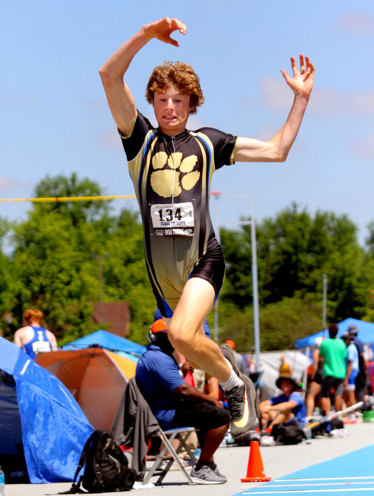 May 25, 2024 - Charleston, Illinois - Jack Thompson flies down the runway in the Class 1A Triple Jump in Saturday's IHSA Boys' State Track &amp; Field Finals. (Photo: PhotoNews Media/Clark Brooks)