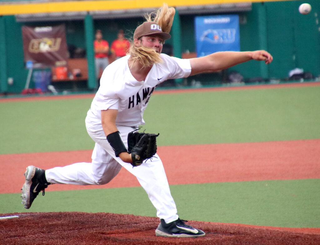 Quincy University left-handed reliever Roman Harrison delivers a pitch during a May 8, 2024, game against Missouri-St. Louis in the Great Lakes Valley Conference Tournament in Marion, Ill. | Photo courtesy Stephanie Boynton