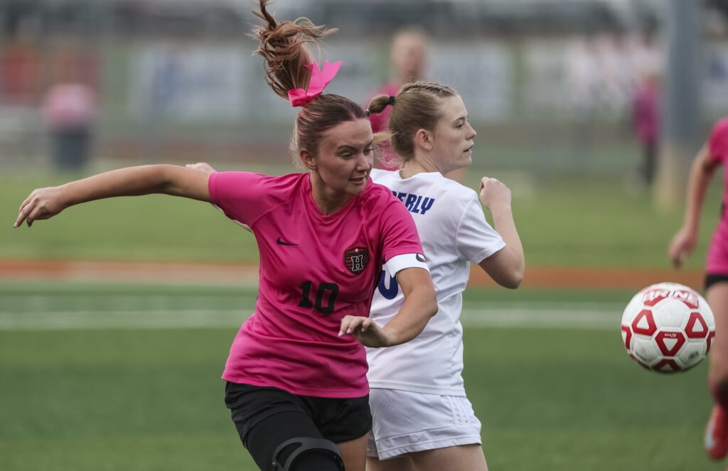 Hannibal’s Ashley Davis (10) gets behind a defender during the Pirates game against the Moberly Spartans, Tuesday in Hannibal.  Mathew Kirby (Herald WhigCourier Post)